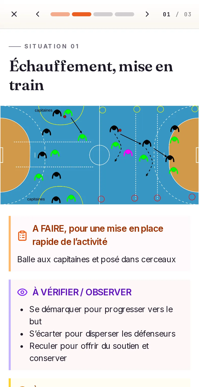 Mode Présenter : une situation d'échauffement avec son schéma sur terrain entier et ses consignes