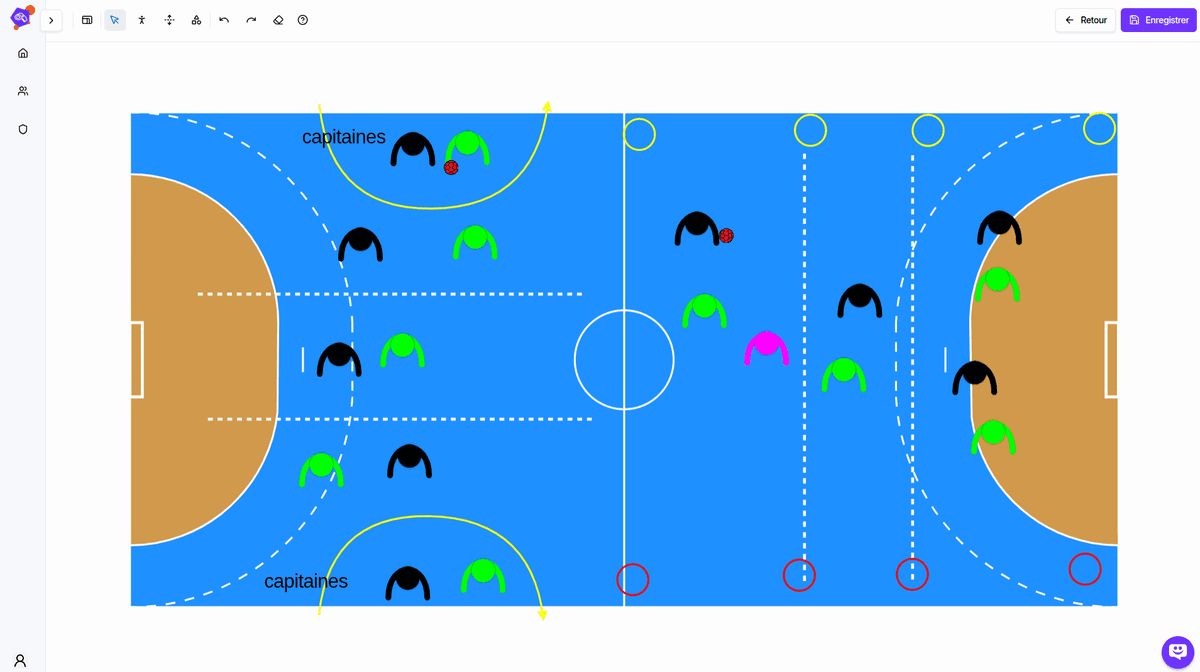 Éditeur visuel de terrain de handball avec joueurs, plots et trajectoires